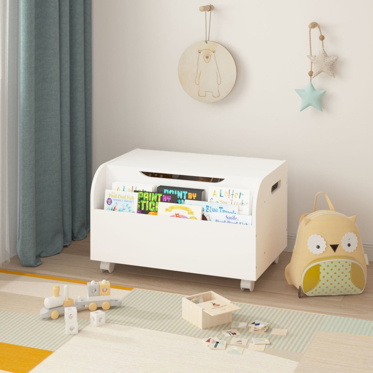 Toy Box with 4 Universal Wheels, Kids Playroom Storage Organizer with Front Bookshelf, Flip Top Lid - White