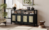 TREXM Bohemian Style Rattan Buffet Storage Cabinet with Solid Wood Frame