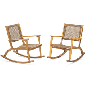 GO 2 Pieces Patio Rocking Chair Set, Acacia Wood Outdoor Rockers with Wicker Rattan Seat & Backrest, Comfortable Garden Porch Chairs for Backyard, Balcony, and Poolside, Natural
