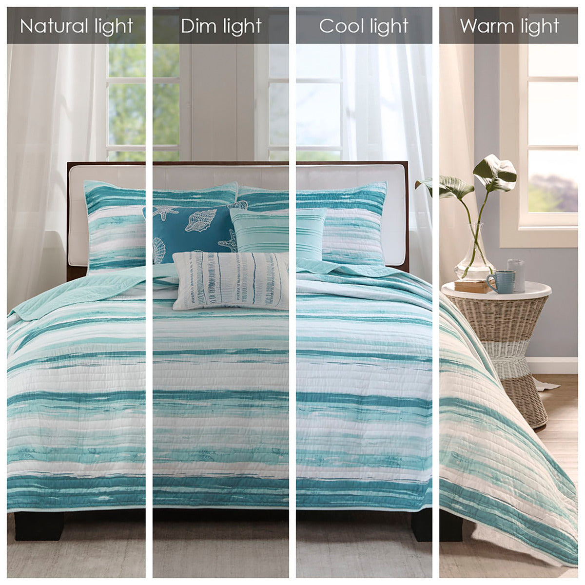 6 Piece Printed Quilt Set with Throw Pillows Aqua Full/Queen