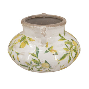 8.1x8.1x5.2" Wide Ceramic Planter with Yellow Lemon and Green Leaf Motif and Small Handles