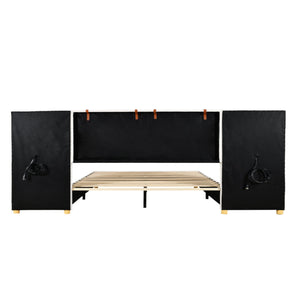 Upholstered Platform Bed, 2 Outlets And USB Charging Ports On Both Sides, 2 Bedside Pillows, Storage Shelves