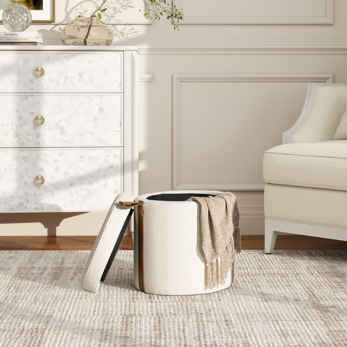 Brandy - Round Upholstered Storage Ottoman With Accent