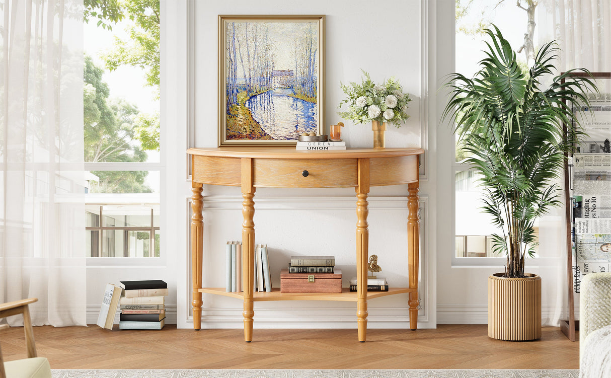 TREXM Farmhouse Half Moon Console Table with Drawer & Shelf
