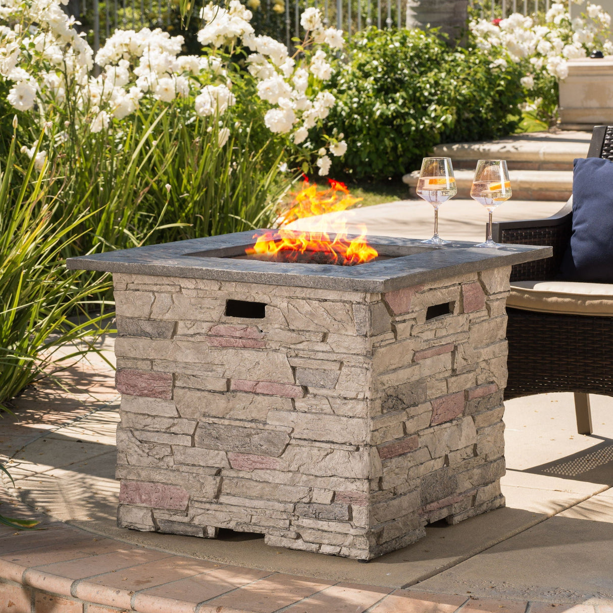 Classic Design Square Fire Pit with Top and 40,000 BTU Heat Output - Stone Gray