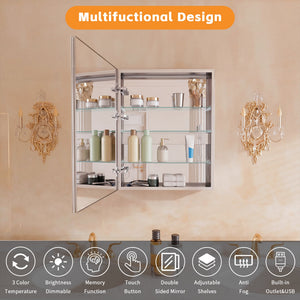 Bathroom LED Lighted Medicine Cabinet with Storage, 24" W x 30" H