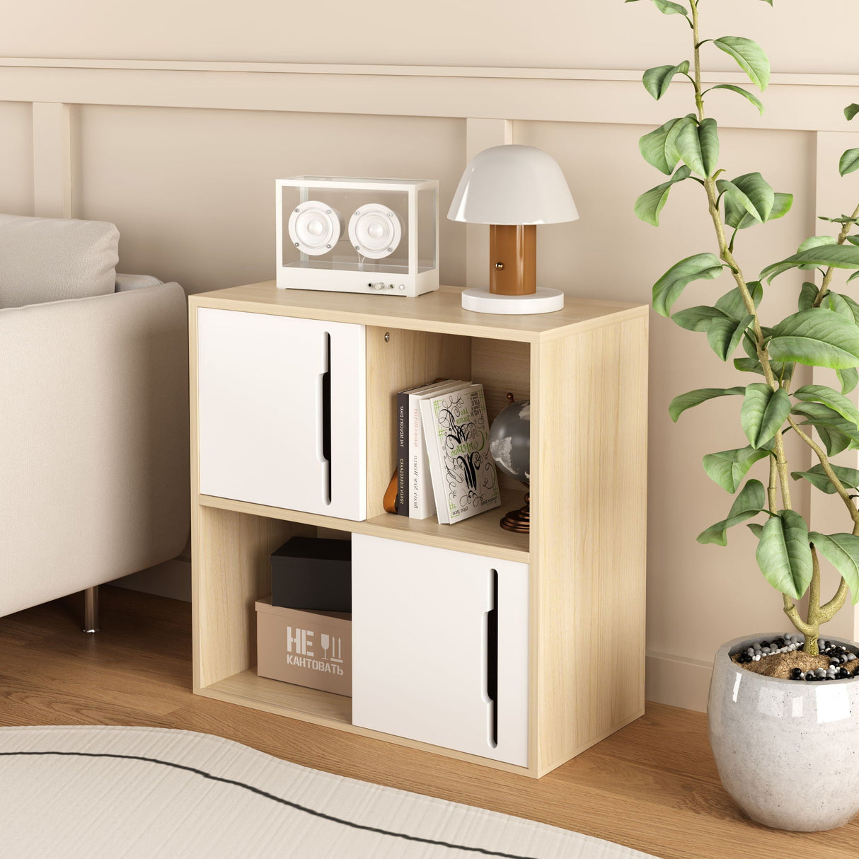 Storage Cabinet With Sliding Doors, 2 Tier Open And Closed Shelves Organizer - Natural / White