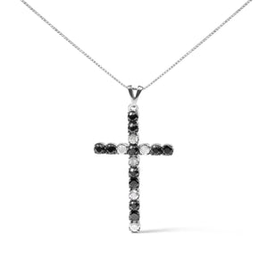 .925 Sterling Silver 2.0 Cttw Prong Set Round Natural Treated Black and White Diamond Cross Pendant Necklace - 18" (Black/H-I Color, I3 Clarity)
