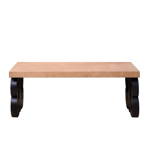 Black Scroll Base Coffee Table – 47' Rectangular Wood Living Room Table with Natural Top – Modern Farmhouse Accent Table – Elegant Centerpiece with Ornate Carved Design