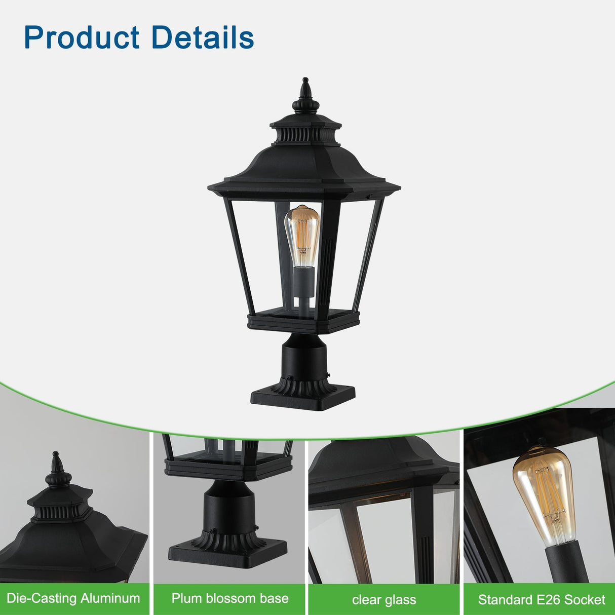 21' Outdoor Post Lantern Light 2-Pack – Vintage Black Metal & Clear Glass