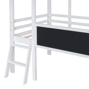 Loft House Bed With Ladder And Slide, With board And Light Strip On The Roof