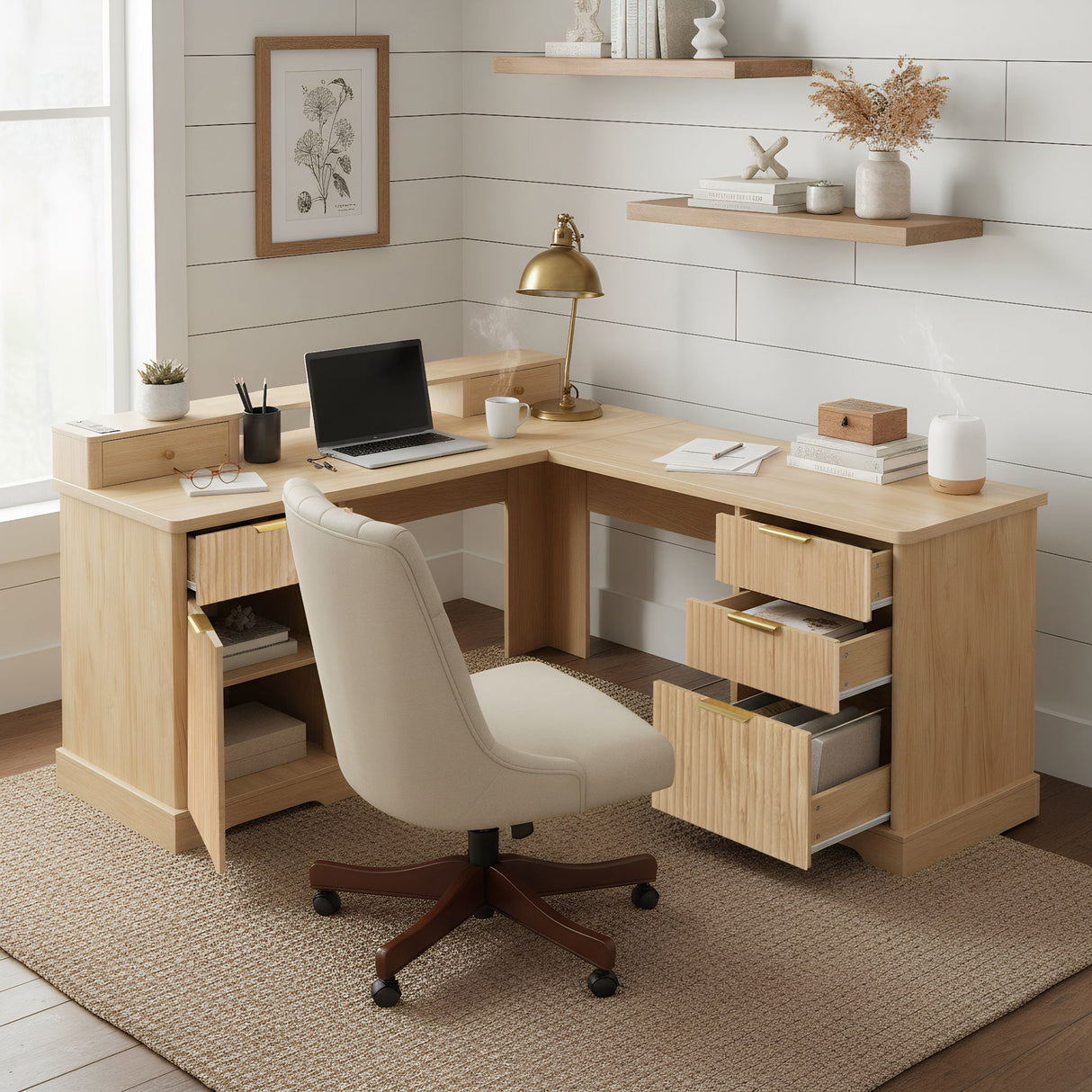 59" Modern Fluted L-Shaped Desk with Charging Station & Storage