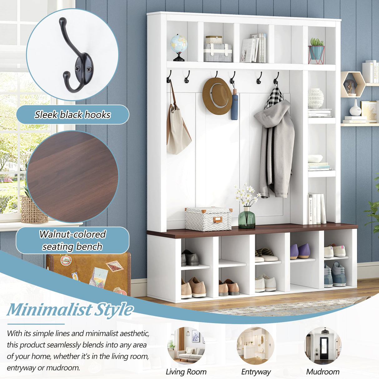 Farmhouse Wooden Hall Tree with 6 Hooks