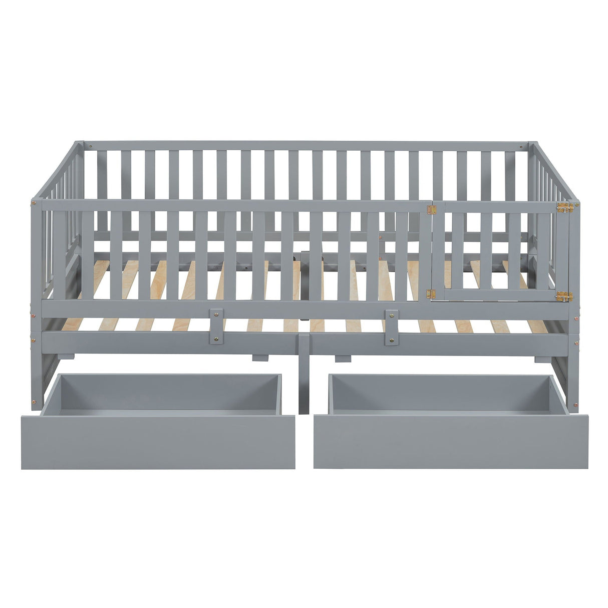 Daybed With Fence Guardrails And 2 Drawers, Split Into Independent Floor Bed & Daybed