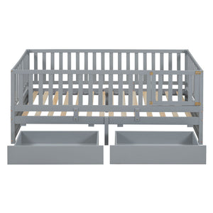 Daybed With Fence Guardrails And 2 Drawers, Split Into Independent Floor Bed & Daybed