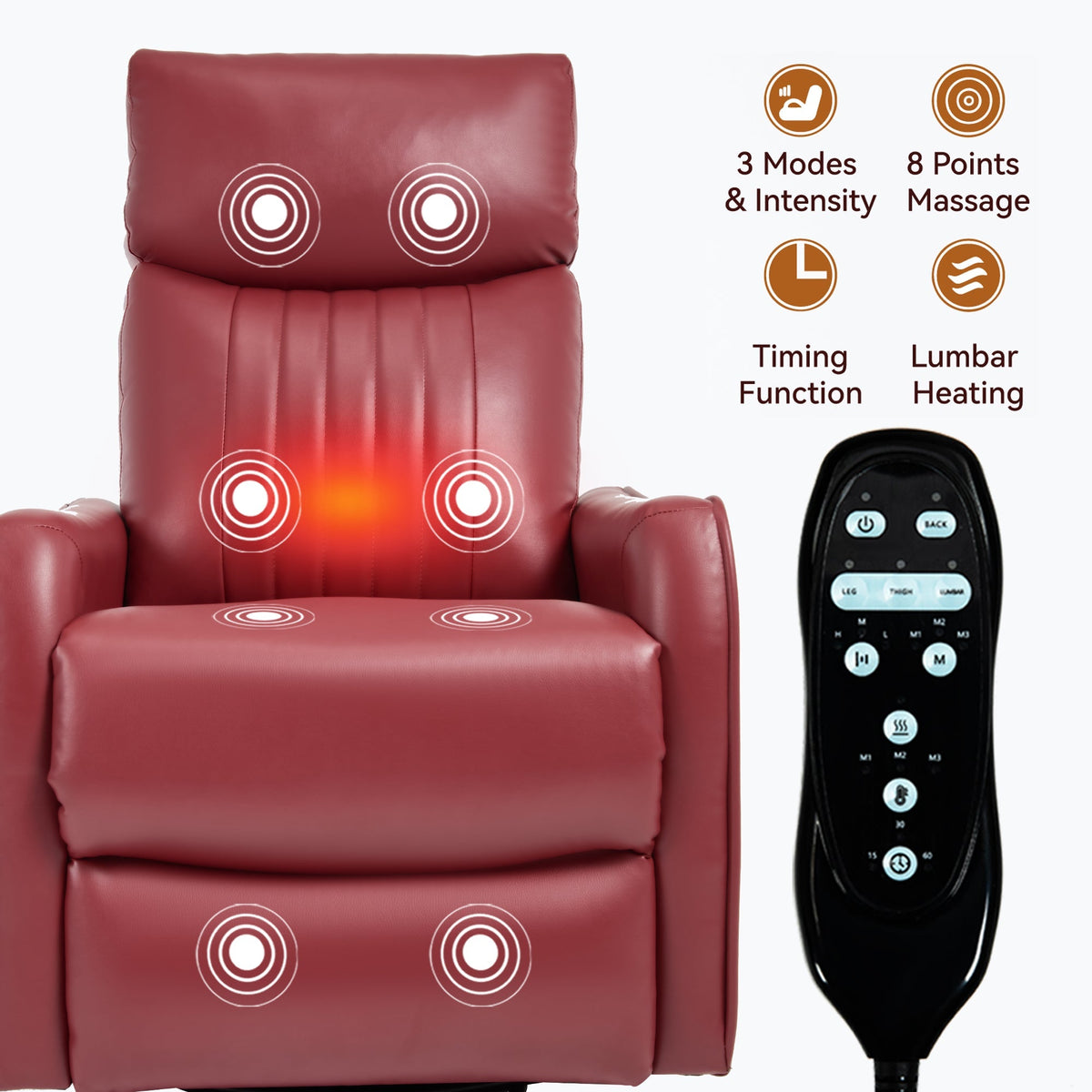 Red Faux Leather Recliner Chair with Heat & Massage - Swivel Rocker