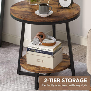 Round End Table With Hairpin Legs, 2 Tier For Living Room - Rustic Brown