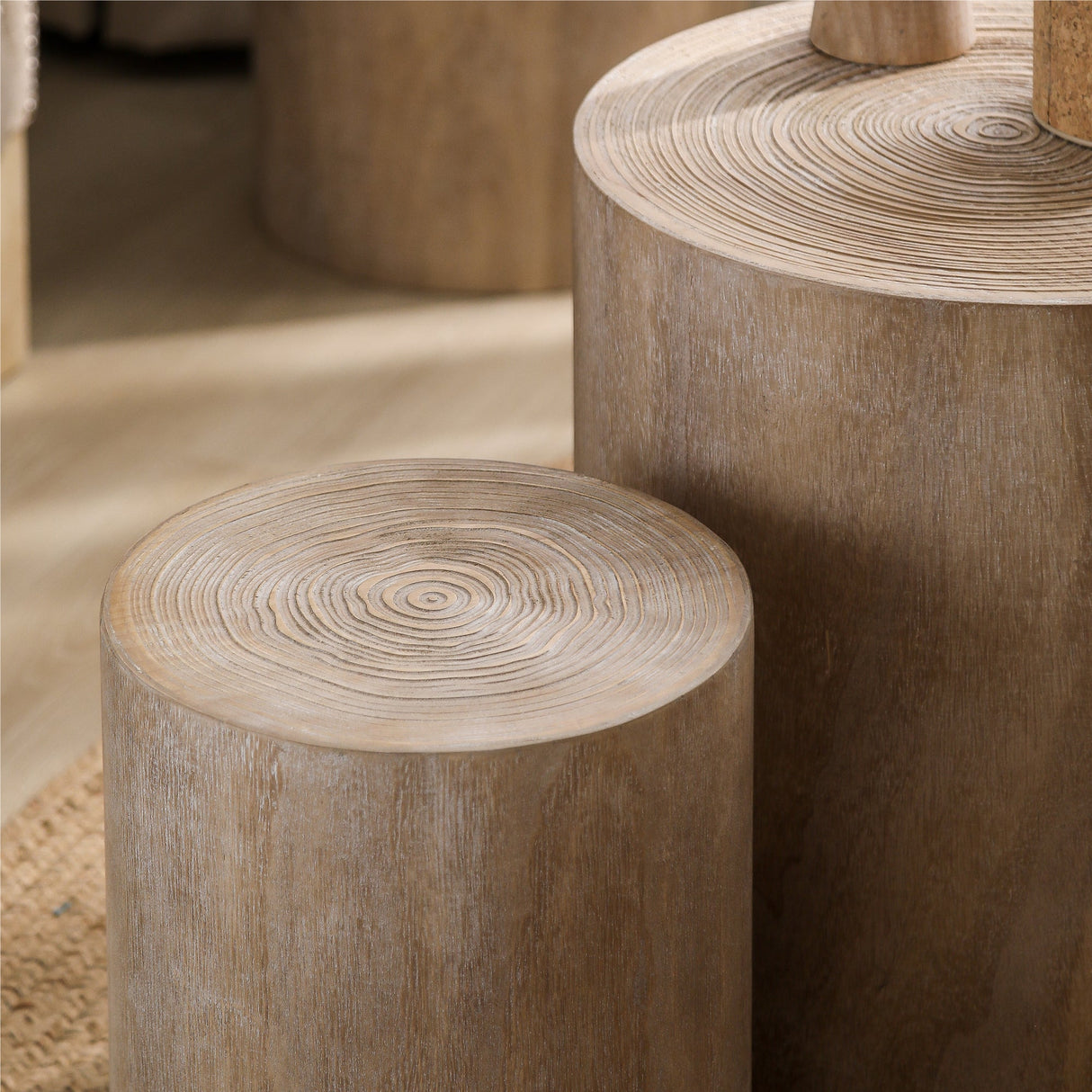Set of 3, Rounded Wood Coffee Tables, End Tables, Plant Stands,Decorative Accent Pieces - Rustic Wood Finish