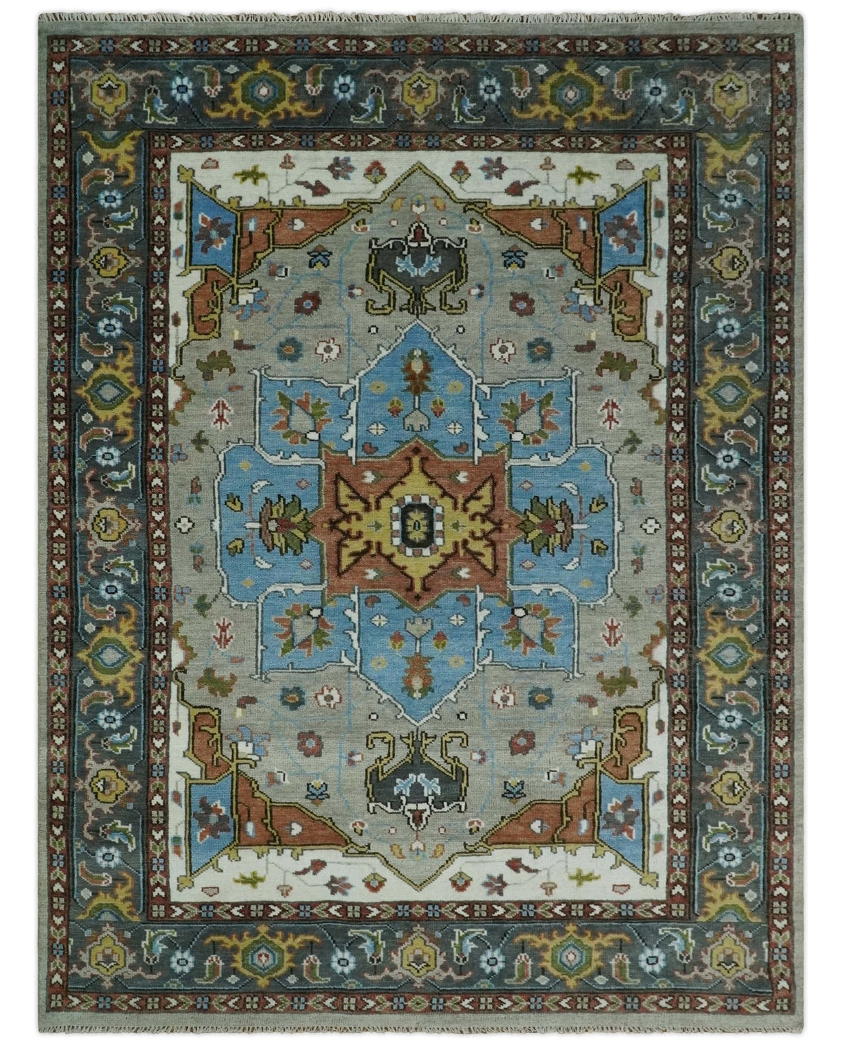 Traditional Heriz Blue, silver, Charcoal and Ivory Hand Knotted  wool Area Rug