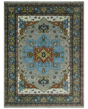 Traditional Heriz Blue, silver, Charcoal and Ivory Hand Knotted  wool Area Rug