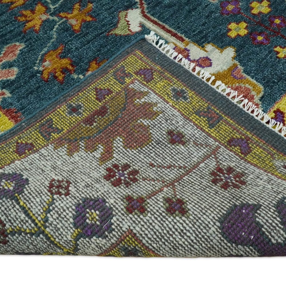 Traditional Floral Teal, Ivory and Mustard Hand Knotted Oriental Oushak wool Area Rug