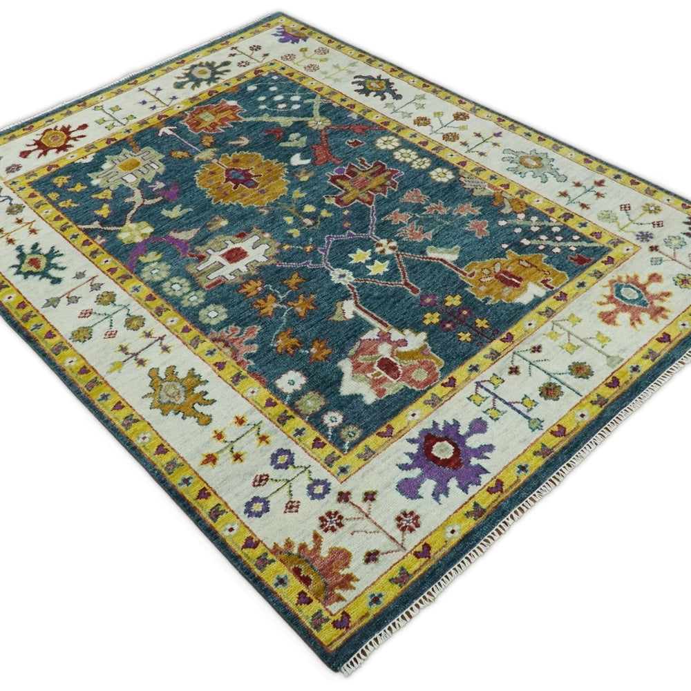 Traditional Floral Teal, Ivory and Mustard Hand Knotted Oriental Oushak wool Area Rug