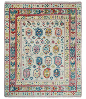 Eclectic Vibrant Colorful Ivory And Teal Traditional design Hand knotted Wool Area Rug
