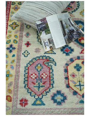 Eclectic Vibrant Colorful Ivory And Teal Traditional design Hand knotted Wool Area Rug