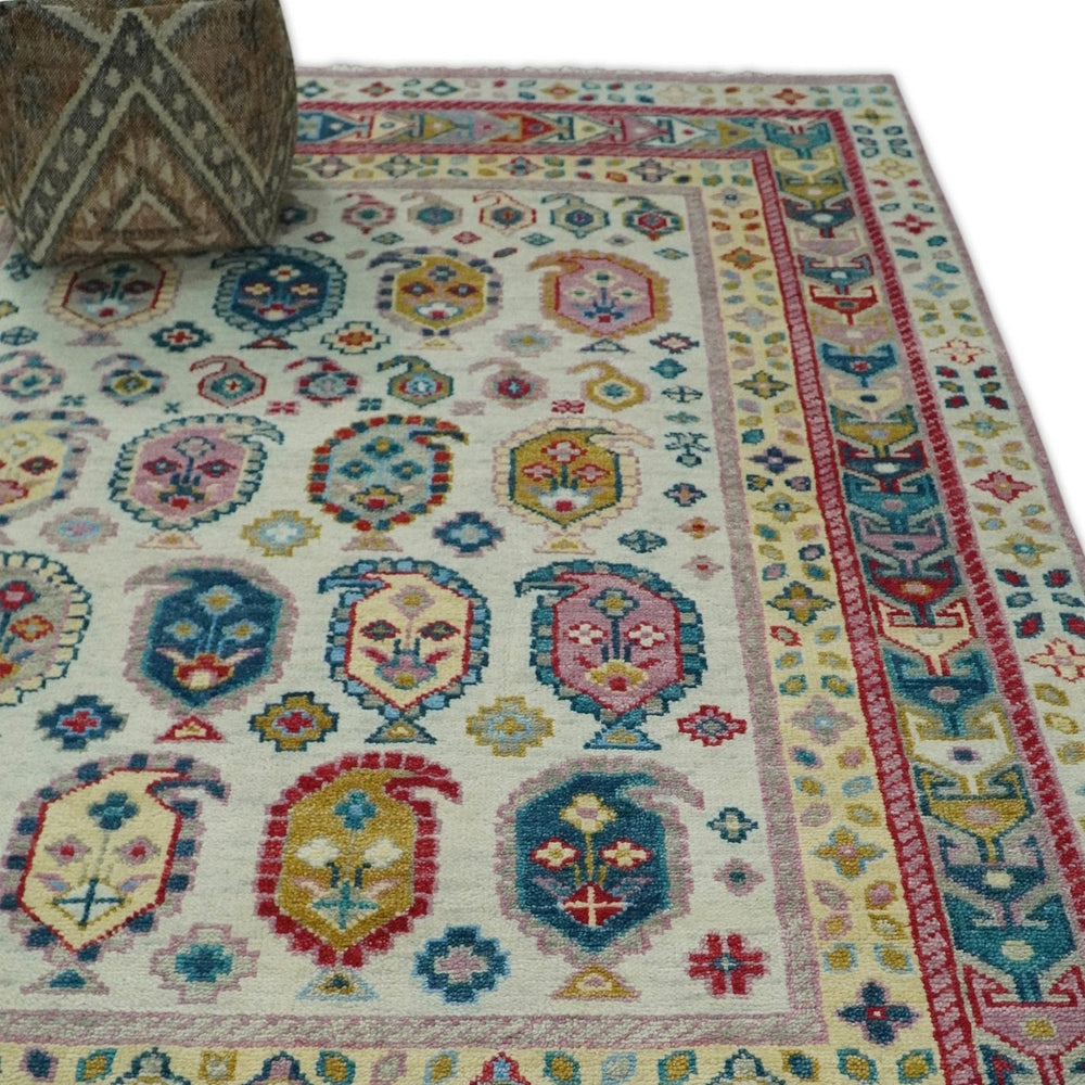 Eclectic Vibrant Colorful Ivory And Teal Traditional design Hand knotted Wool Area Rug