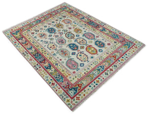 Eclectic Vibrant Colorful Ivory And Teal Traditional design Hand knotted Wool Area Rug