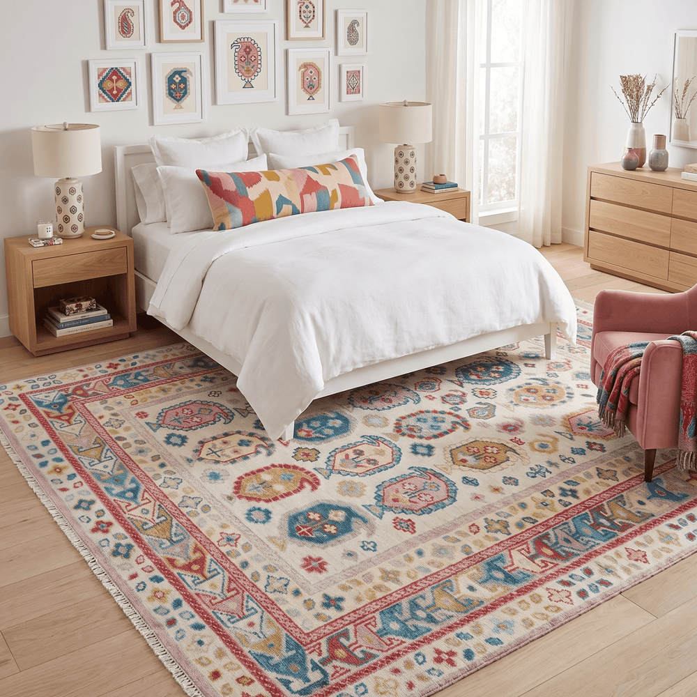 Eclectic Vibrant Colorful Ivory And Teal Traditional design Hand knotted Wool Area Rug