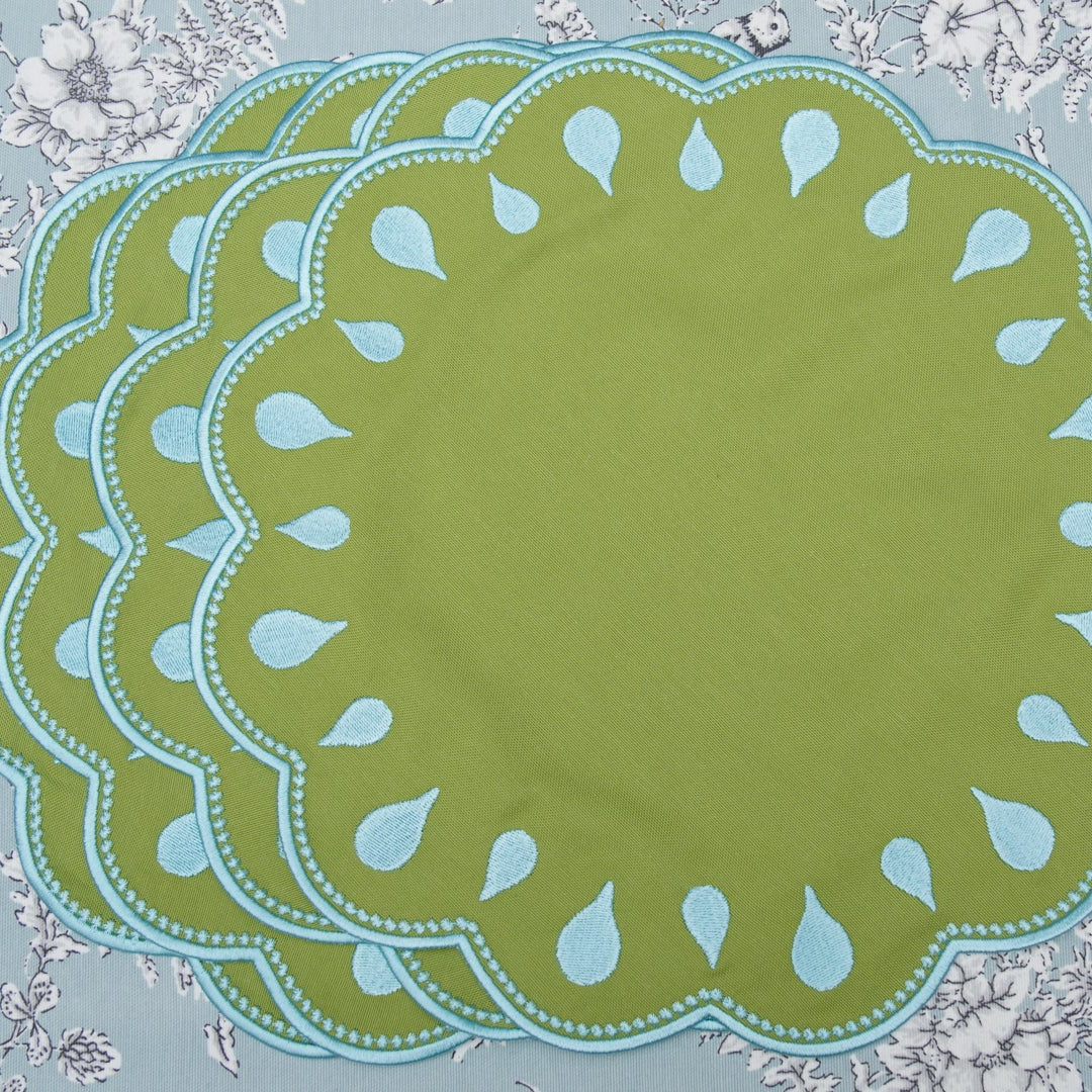 Green Stackmat Droplet Green Round Fabric Placemat - Cotton Blend - Set of 1 to 12 ...
