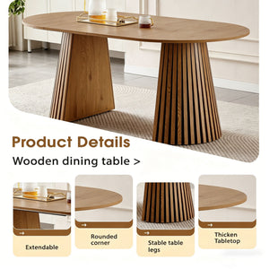 Dining Table, Flexible Extendable Oval Design With Slatted Legs - Natural Wood