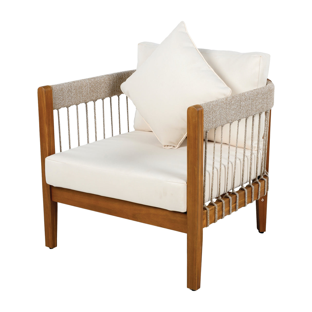 Acacia Wood Outdoor Club Chair with Handwoven Rope Accents and Curved Backrest