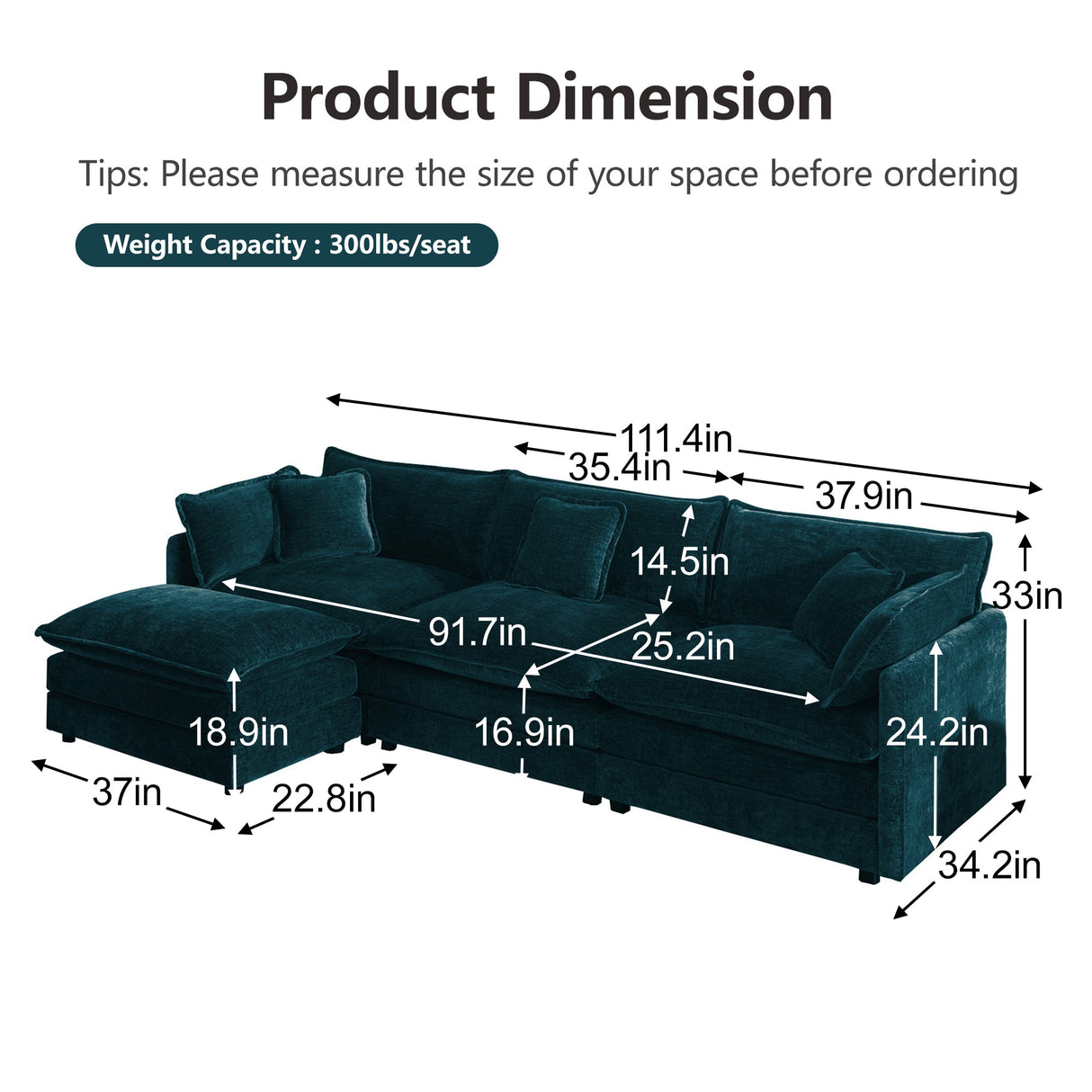 Comfortable Deep Seat Reversible Modular 3 Seater Sectional Sofa