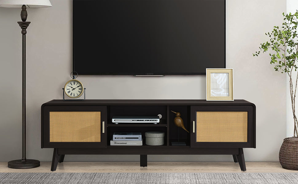 63'' Dark Rattan TV Stand with 2 Storage Cabinets and Solid Wood Legs