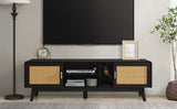 63'' Dark Rattan TV Stand with 2 Storage Cabinets and Solid Wood Legs