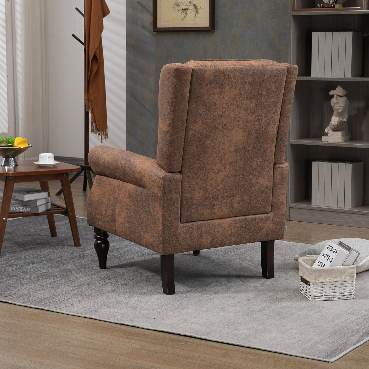 Modern Coffee Wood Frame Armchair with Microsuede Upholstery