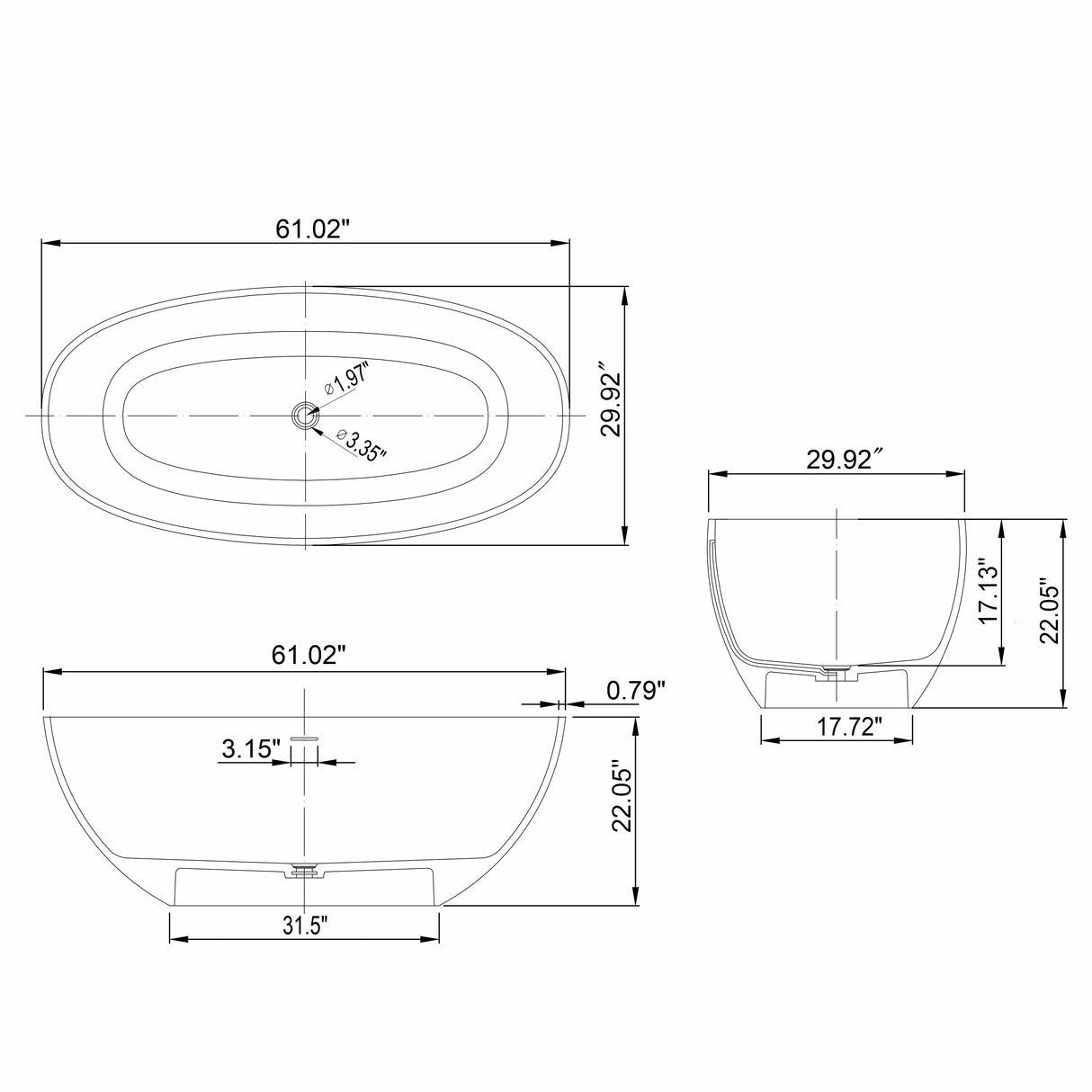 61 Inch Small Size Artificial Stone Solid Surface Freestanding Bathroom Bathtub