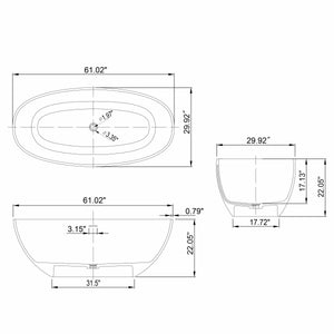 61 Inch Small Size Artificial Stone Solid Surface Freestanding Bathroom Bathtub