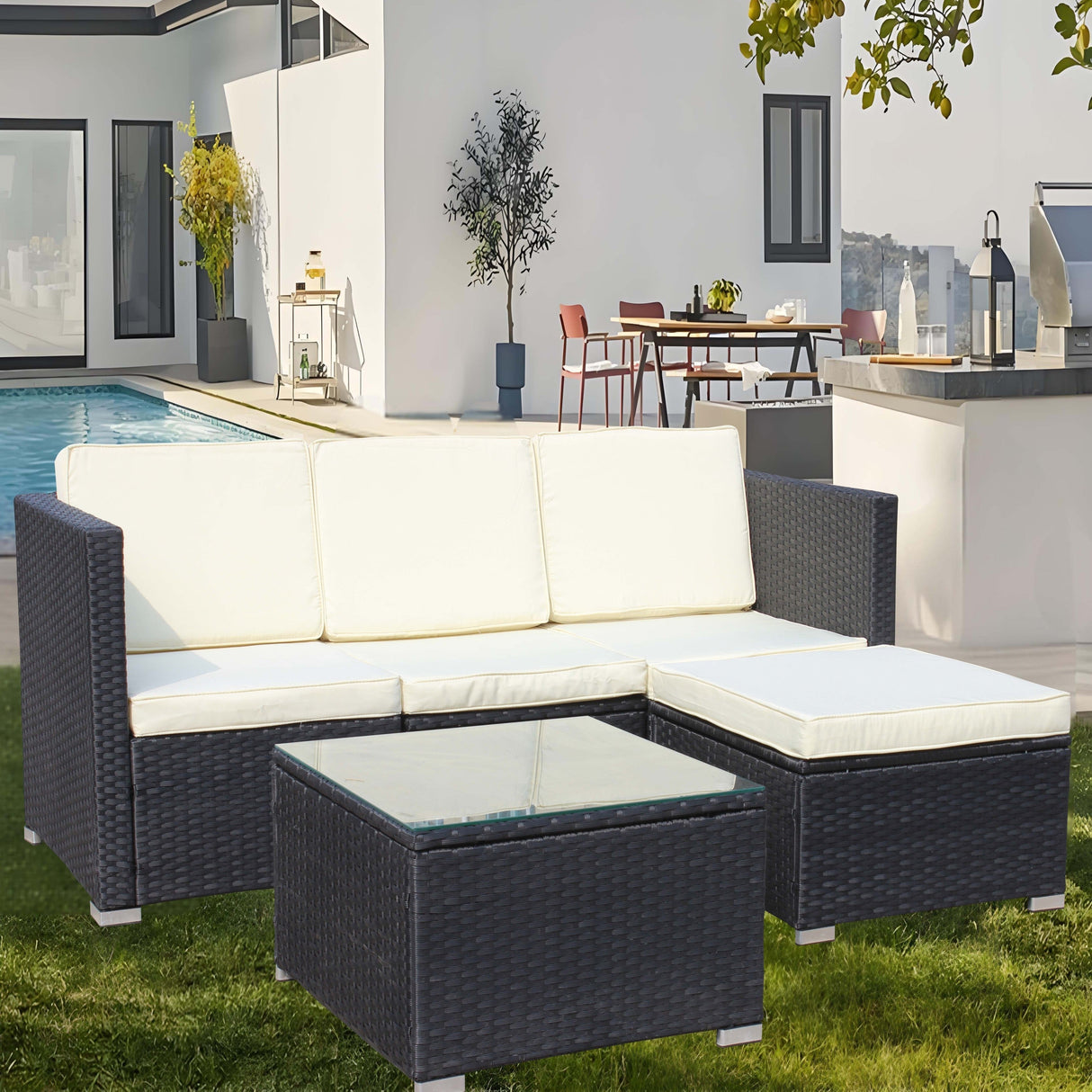 Outdoor 5-Piece PE Rattan Wicker Patio Sofa Set with Coffee Table