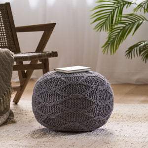 Malibu Modern Knitted Wool Round Pouf With Handcrafted Design - Charcoal