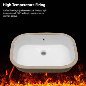 Undermount Bathroom Sink 22" X 15.25" With Overflow Sleek, High Temperature Fired, Stain Resistant, Smooth Polished Surface - White