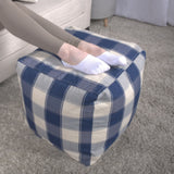 Connor Checkered Square Pouf Ottoman and Floor Cushion Ivory Navy