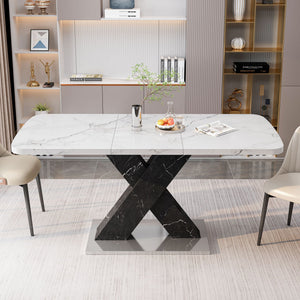 Rectangle Dining Table With Stretchable Top, X Shape Mdf Legs With Steel Base - White / Black