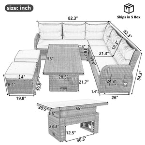 Outdoor Furniture Set Patio Rattan Furniture with Adjustable Table, Recliners, Side Tables, Ottomans