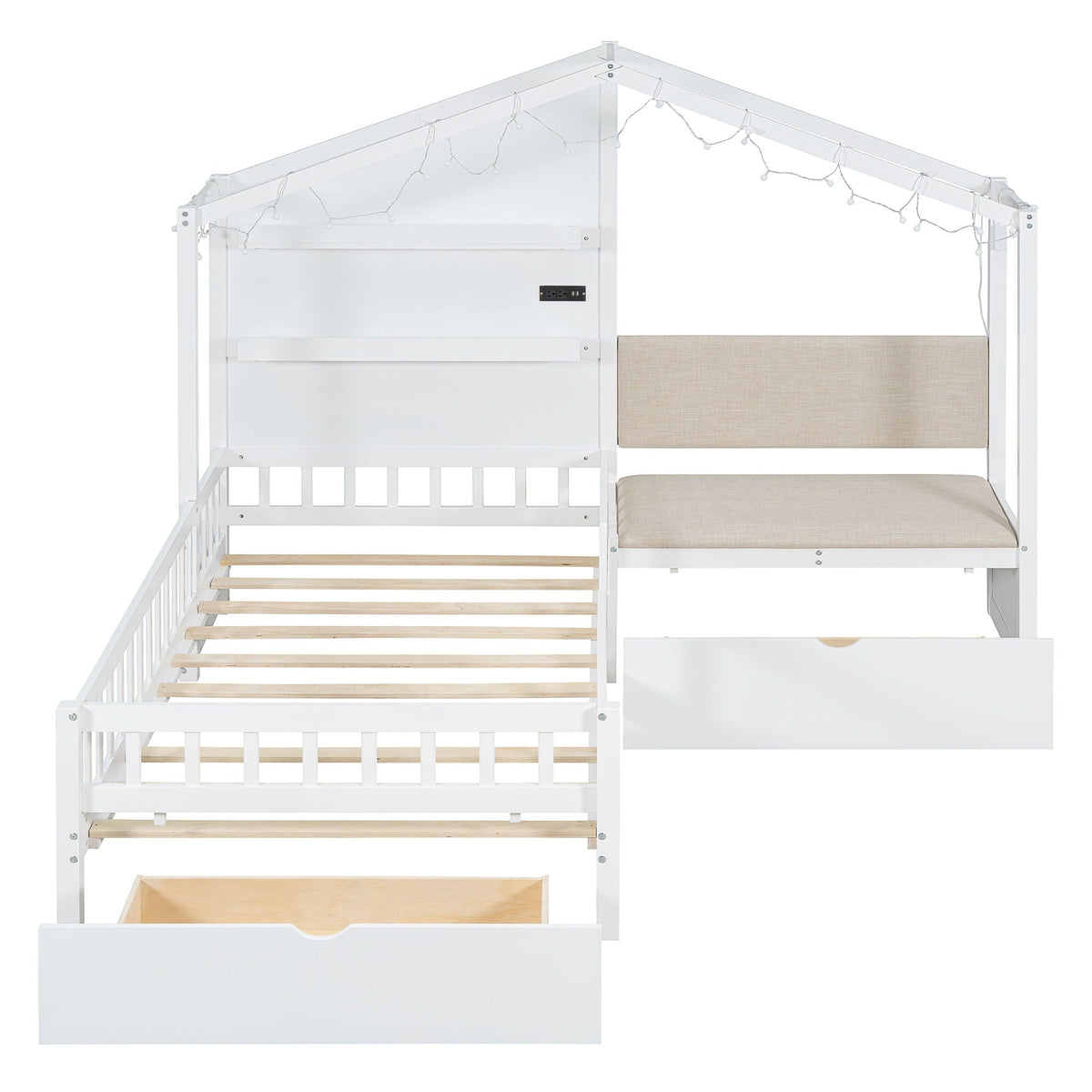 House Bed With Upholstered Sofa, Wireless Charging Station, Shelves And 2 Drawers