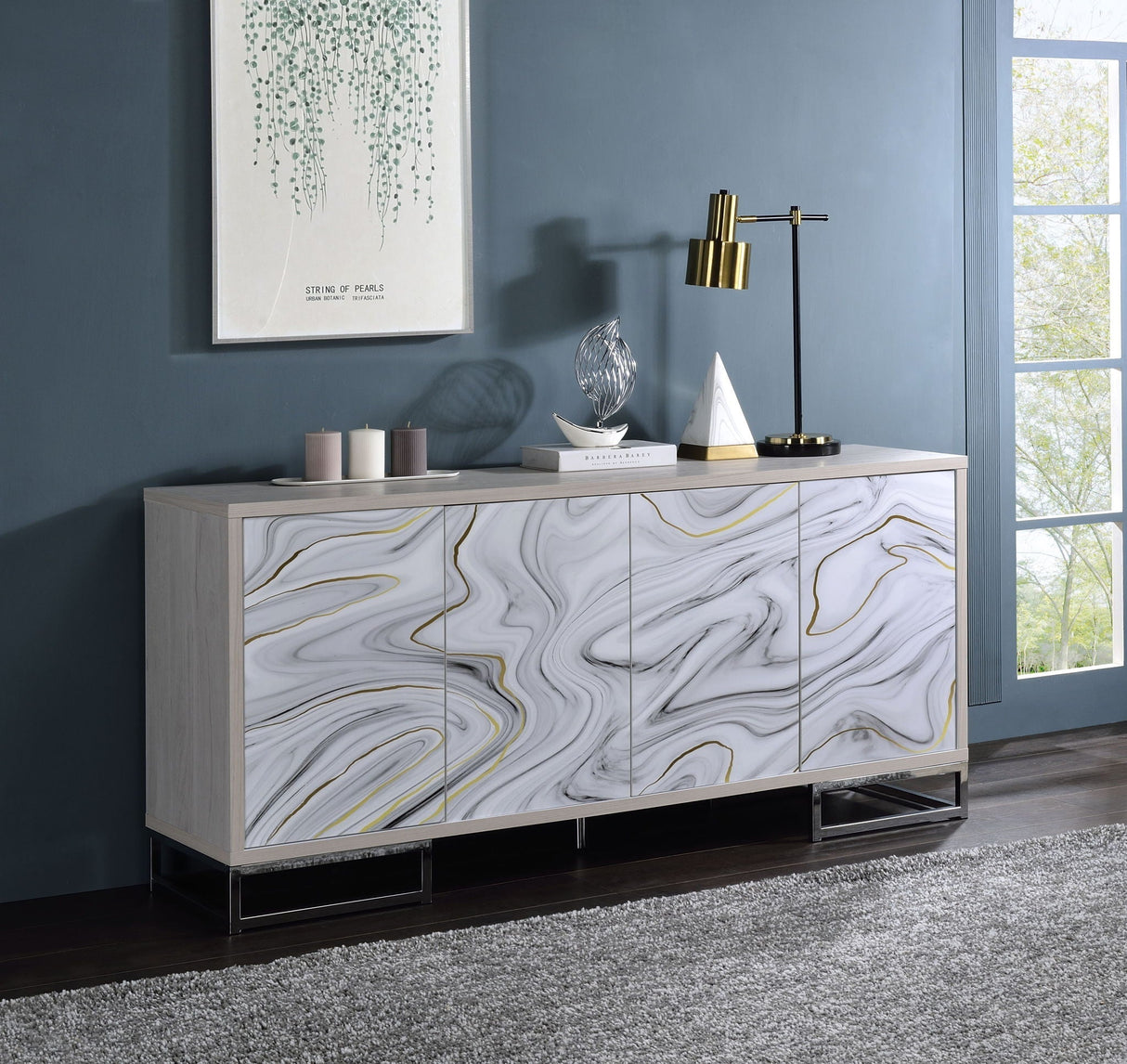 Panos Console Cabinet - White Marble / Chrome