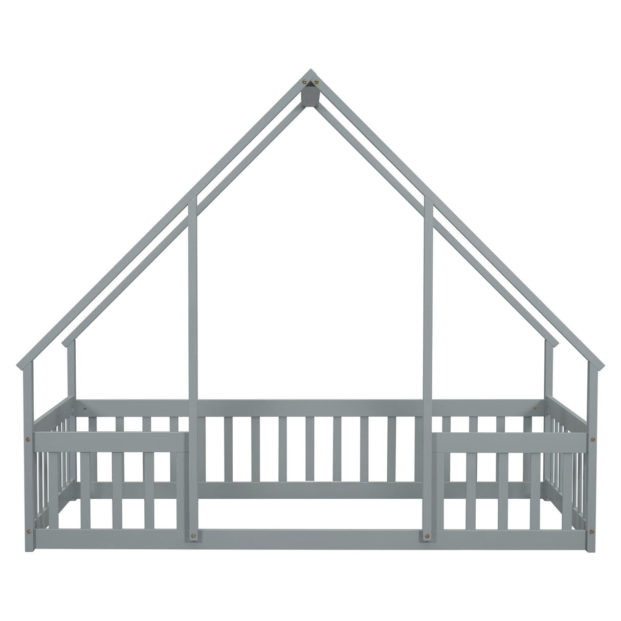 Wood House-Shaped Floor Bed With Fence, Guardrails