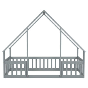Wood House-Shaped Floor Bed With Fence, Guardrails